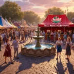 Festival-goers strolling through bustling marketplace at dusk with ornate fountain and bright red Coca-Cola tent