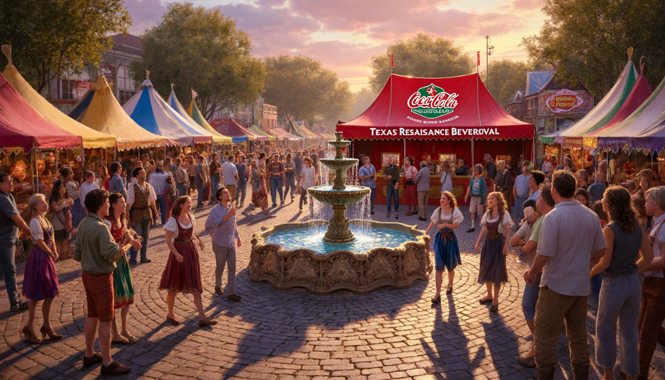 Festival-goers strolling through bustling marketplace at dusk with ornate fountain and bright red Coca-Cola tent