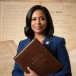 Jasmine Crockett stands in Texas State Capitol holding a leather-bound book with an outline of John Cornyn