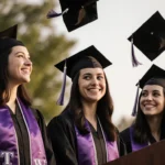 Three graduates tossing caps with smiles and sisterly gaze at the podium.
