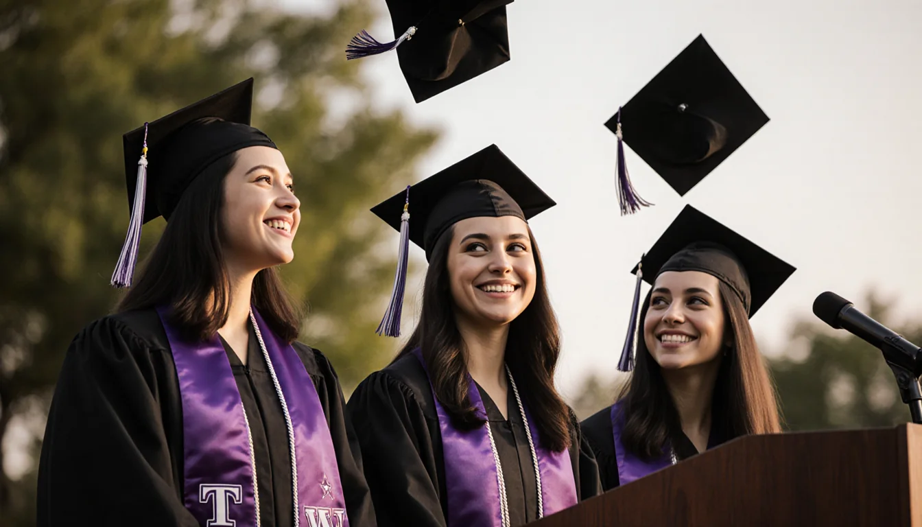 Three graduates tossing caps with smiles and sisterly gaze at the podium.