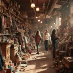Shoppers browsing shelves with vintage clothing and holiday trinkets in a warmly lit thrift store