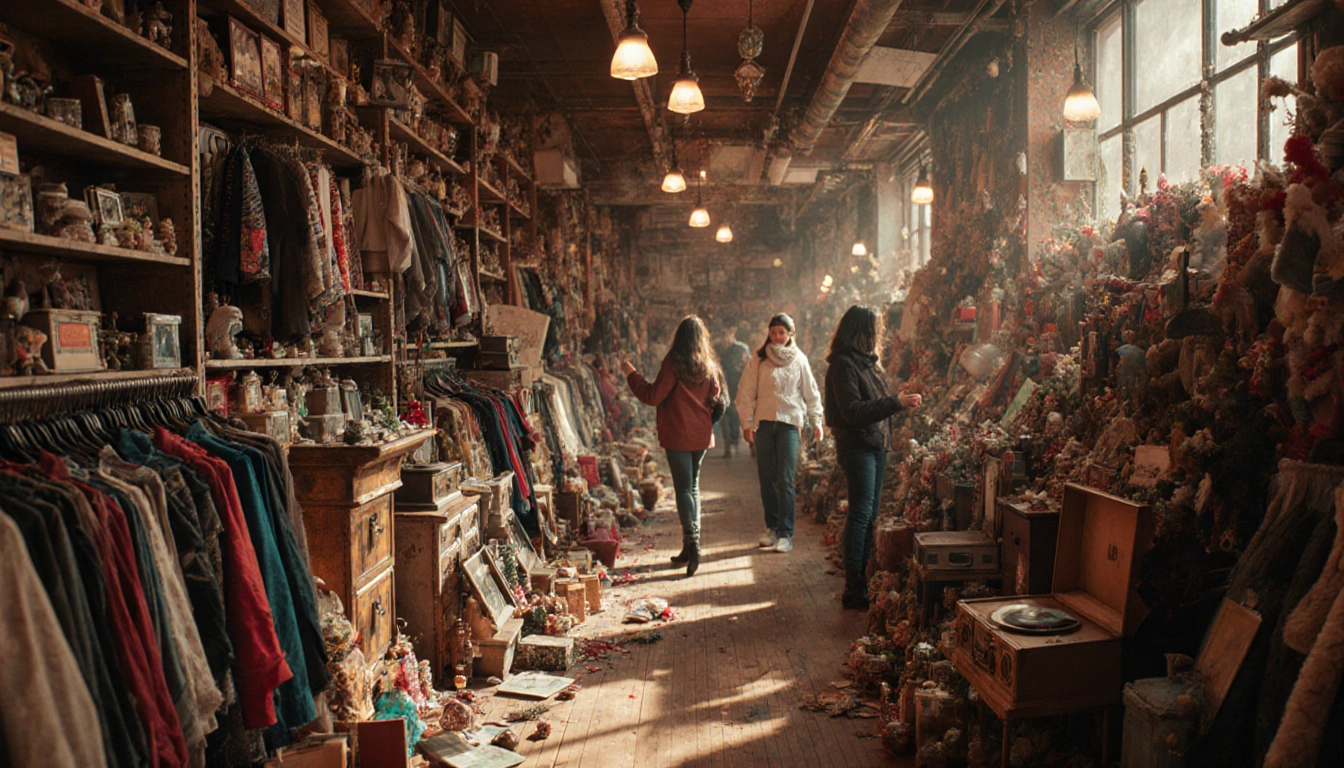 Shoppers browsing shelves with vintage clothing and holiday trinkets in a warmly lit thrift store