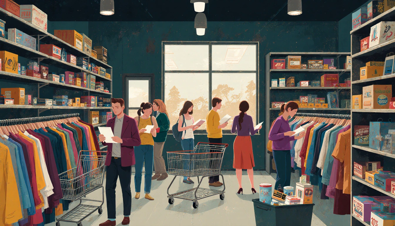 Shoppers browsing racks of second-hand clothing with shopping lists and price tags in a dimly lit thrift store