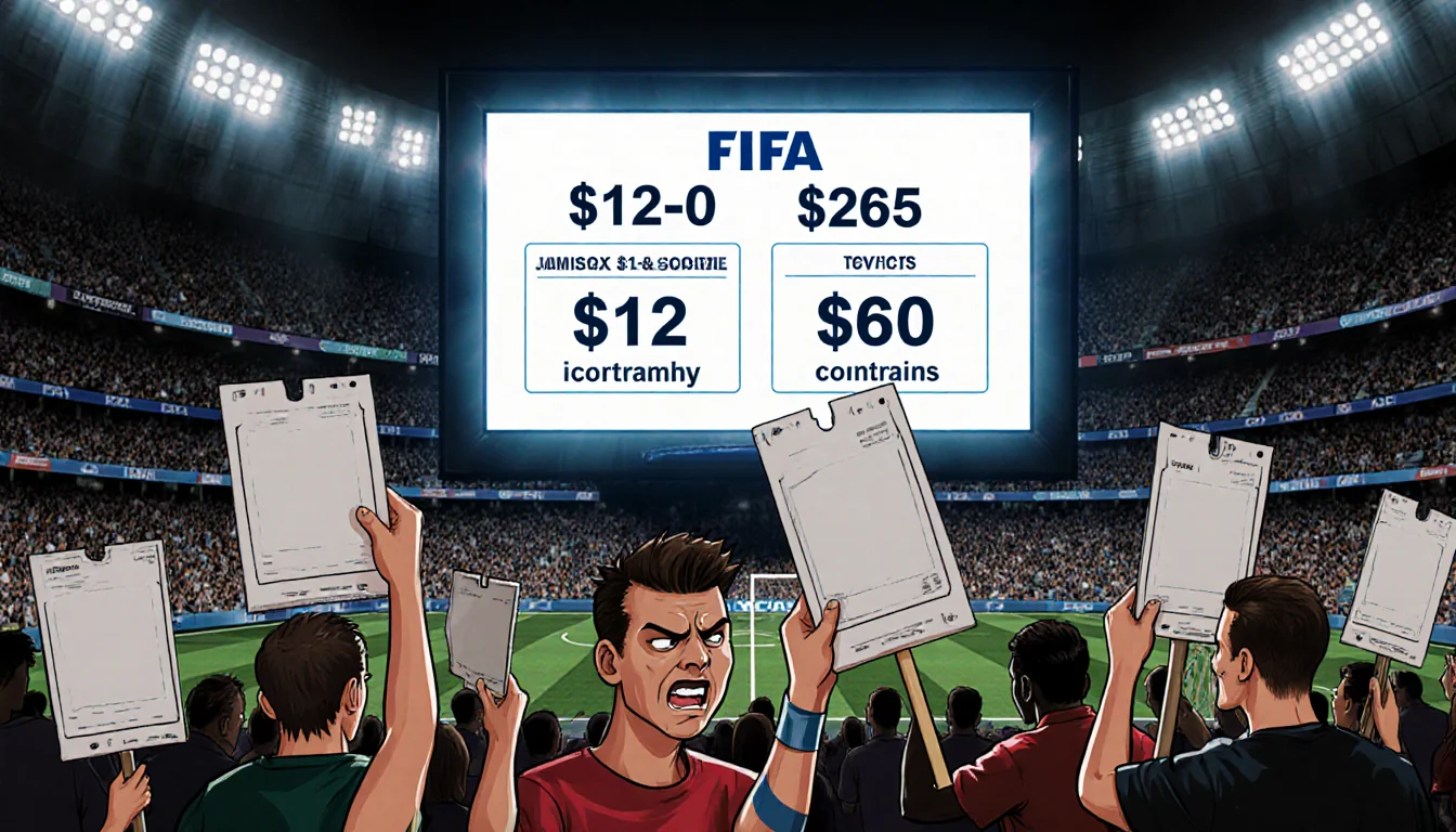 Fans protest in a packed stadium raising signs and empty ticket stubs with a large screen showing price changes and FIFA logo