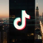 TikTok logo shines on building with glowing lines and city lights at dusk.