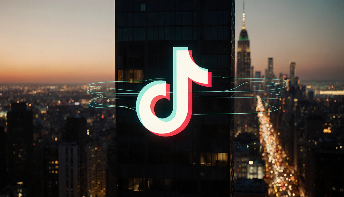 TikTok logo shines on building with glowing lines and city lights at dusk.