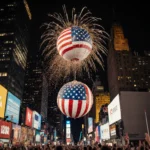 The American flag–decorated ball drops into Times Square at midnight with fireworks lighting the night sky and a crowd below.