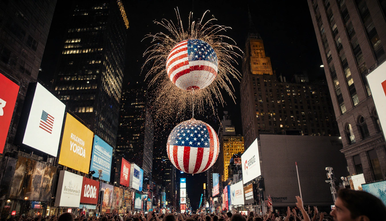 The American flag–decorated ball drops into Times Square at midnight with fireworks lighting the night sky and a crowd below.