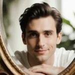 Timothée Chalamet sits confidently against an ornate mirror with lush greenery and natural light his eyes fixed on viewer