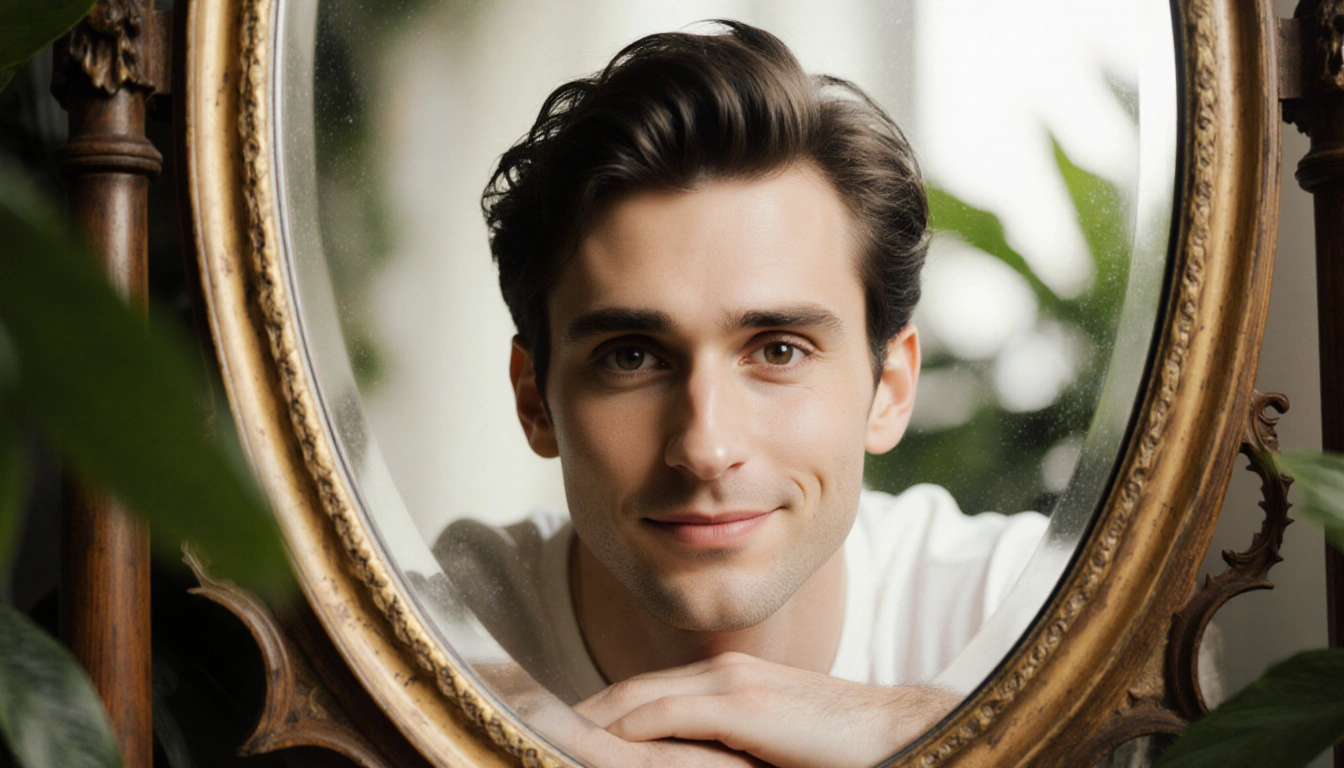 Timothée Chalamet sits confidently against an ornate mirror with lush greenery and natural light his eyes fixed on viewer