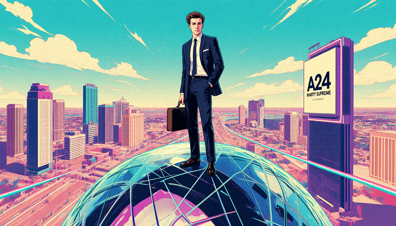 Timothée Chalamet standing on a futuristic curved structure with a neon-lit cityscape and a briefcase hinting at the film.