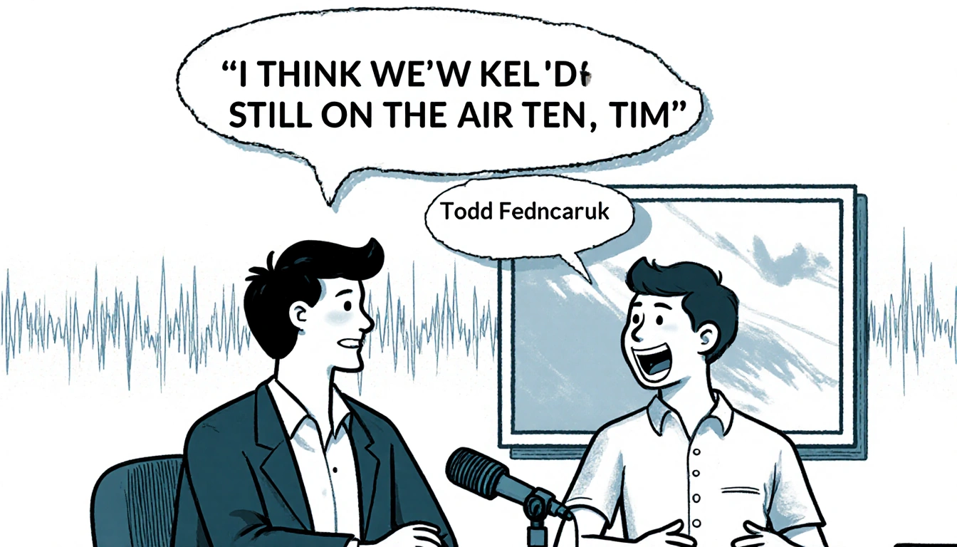 Todd Fedoruk speaking with a speech bubble while Saunders laughs with a comic bubble in a live broadcast studio near a desk