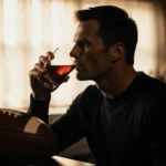 Tom Brady at a bar sipping a drink with his left hand while holding a football with his right hand and ring in background.