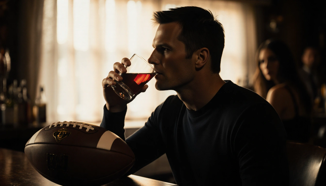 Tom Brady at a bar sipping a drink with his left hand while holding a football with his right hand and ring in background.