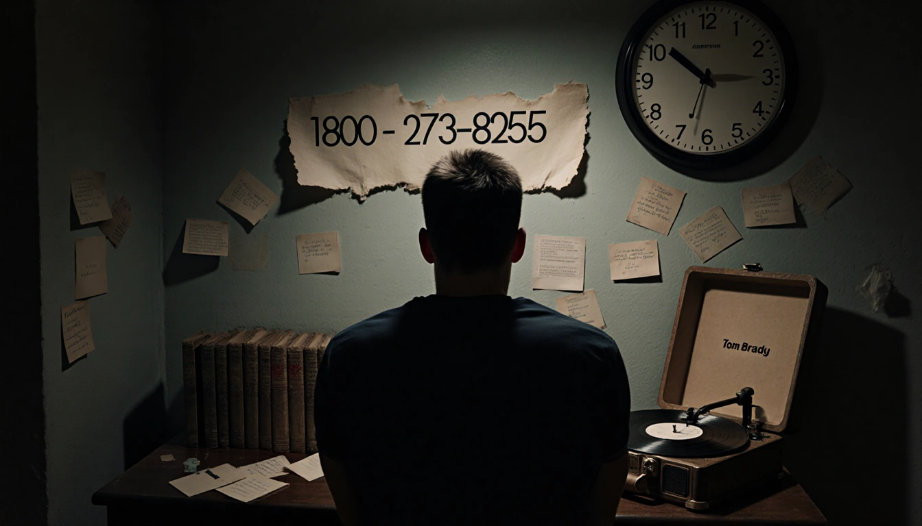 Tom Brady sits with his back to viewer among phone books and notes a record player spins vinyl near a clock reading 3:00 AM.