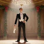 Tony Hawk stands stage with hand on hip holding ballet slipper in a ballroom chandeliers mistletoe