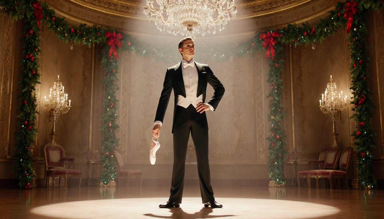 Tony Hawk stands stage with hand on hip holding ballet slipper in a ballroom chandeliers mistletoe