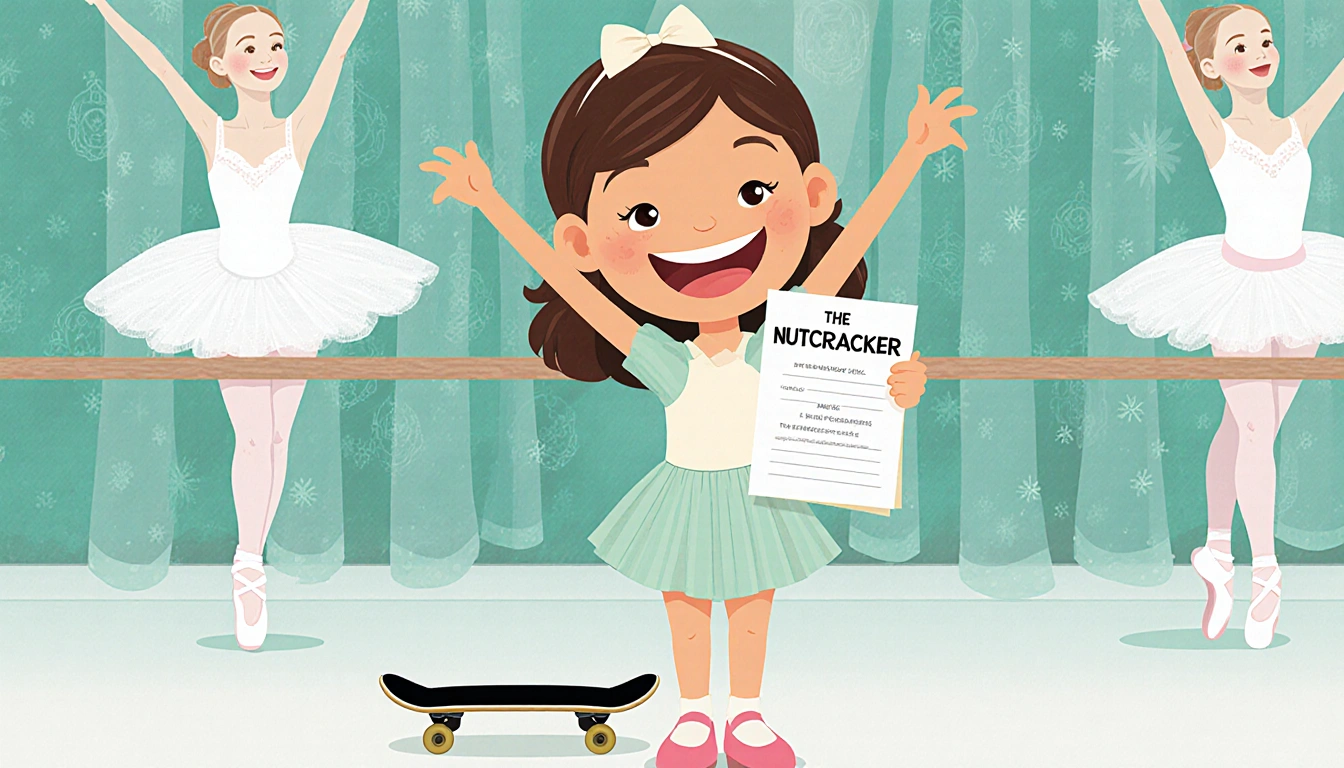 Tony Hawk's daughter holds a Nutcracker script with a skateboard near her feet against a ballet studio backdrop