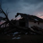 Torn roof with debris under a darkening blue sky and a twisted tree lying on its side