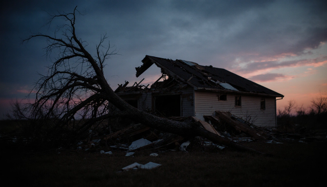 Torn roof with debris under a darkening blue sky and a twisted tree lying on its side