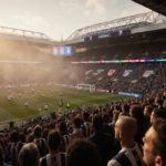 Fans cheering on matchday with glowing LED ribbon display and warm golden light mist over the pitch in Tottenham Hotspur Stad