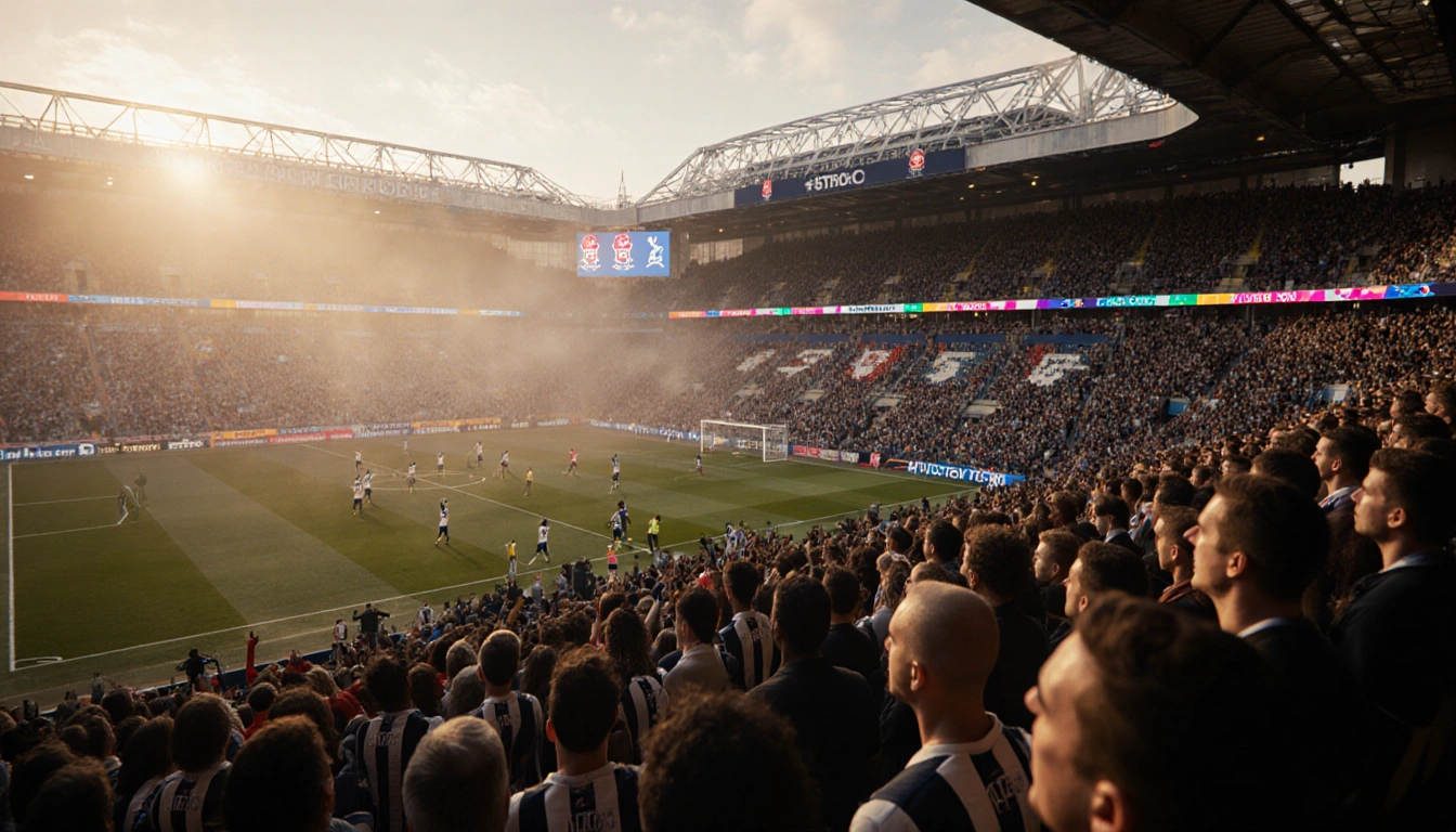 Fans cheering on matchday with glowing LED ribbon display and warm golden light mist over the pitch in Tottenham Hotspur Stad
