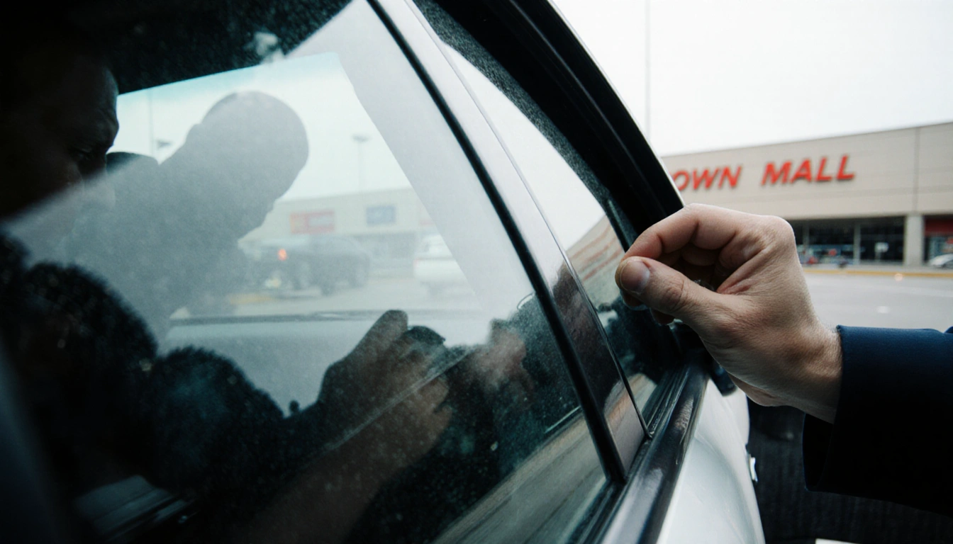Suspect fleeing with hand clutching a bag while Dallas police car blocks a vehicle near LBJ Freeway Town East Mall backdrop.