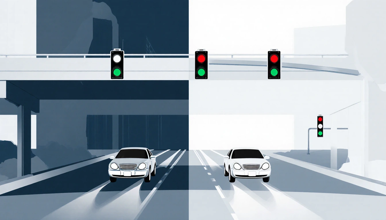 Cars halt at split intersection with green light on main road and red light under overpass