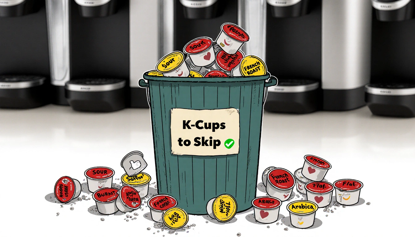Trash can K-Cups to Skip with K-Cups marked Sour Burnt Flat and pods nearby blurred Keurig machines