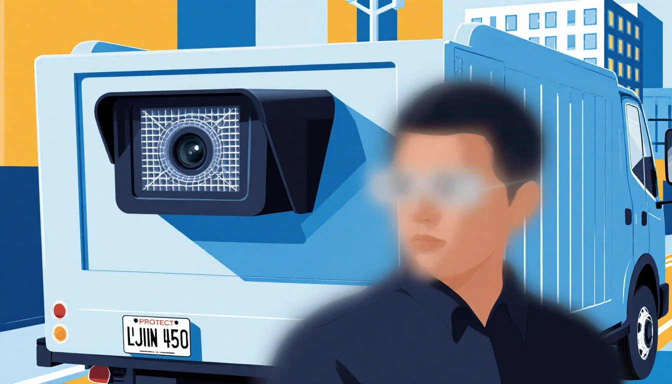 Trash truck equipped with AI camera scanning urban streets while blurred face and license plate protect privacy