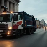 Trash truck turning onto new route with bright blue sky and city council building in background