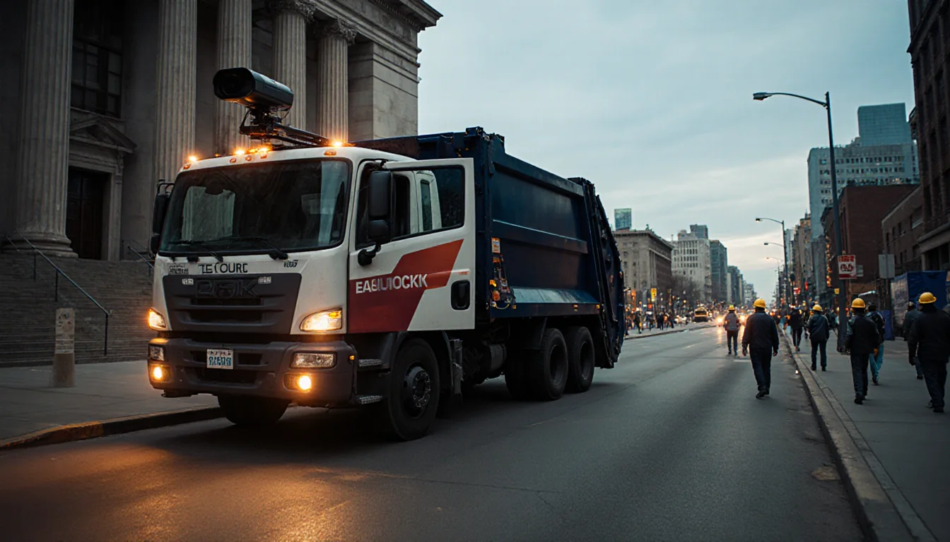 Trash truck turning onto new route with bright blue sky and city council building in background