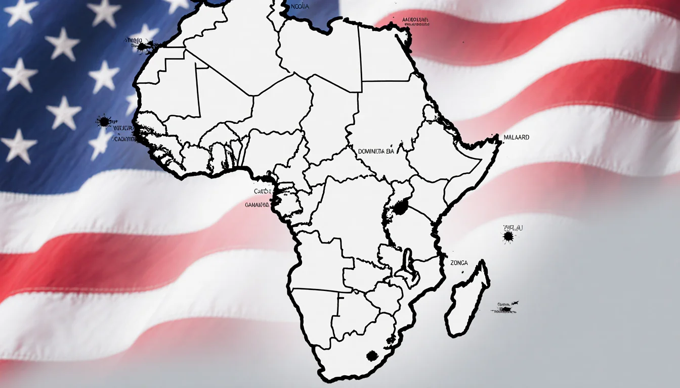 Map shows highlighted borders around 15 nations with gradient shading for restrictions and a faint American flag in backgroun