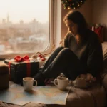 Traveler sits at window with packed luggage and coffee cups to beat travel fatigue during holiday in soft golden light