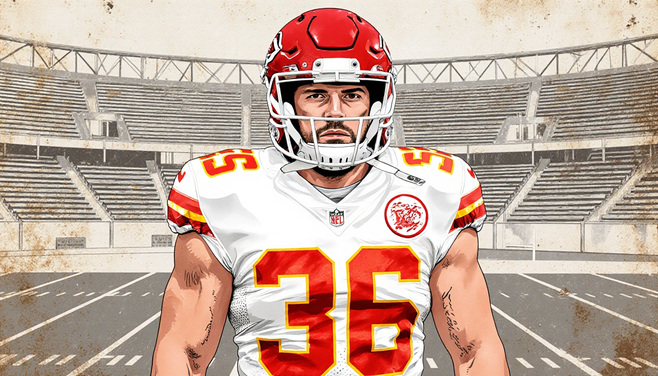 Travis Kelce standing on a Chiefs football field with faded vintage stadium seats behind him
