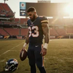 Travis Kelce standing in empty Chiefs stadium holding football with Broncos helmet on field