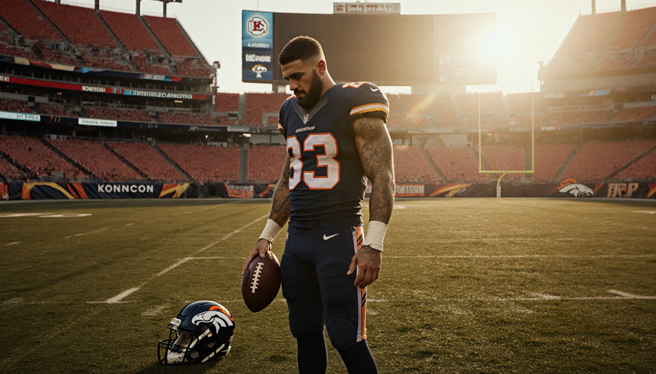 Travis Kelce standing in empty Chiefs stadium holding football with Broncos helmet on field
