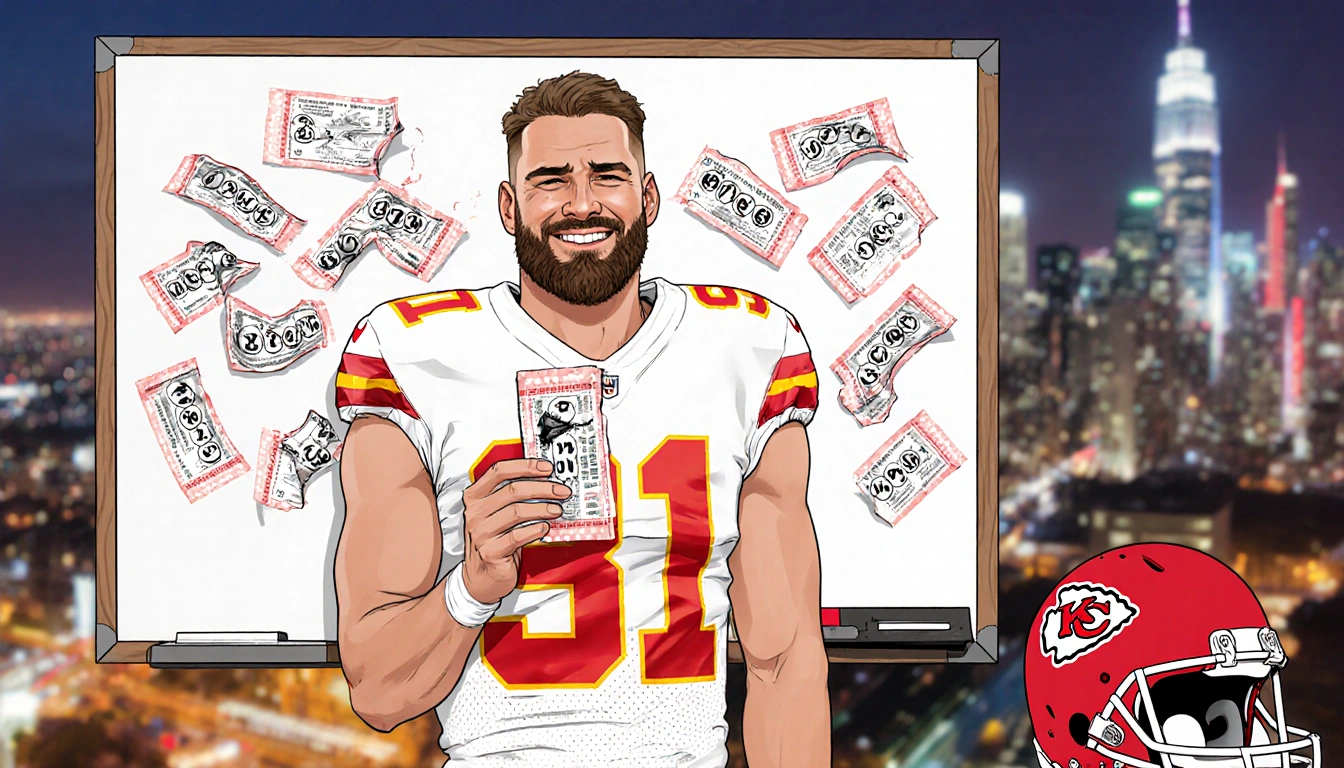 Travis Kelce holding a lottery ticket with a whiteboard full of torn tickets and a Chiefs helmet in the background.