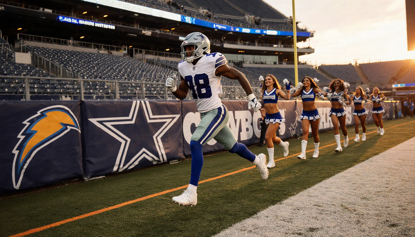 Trevon Diggs sprinting down Cowboys sideline with AT&T Stadium turf and sunset glow behind cheering cheerleaders