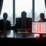 Founder of Tricolor Holdings sits at desk with red glow ledger on screen and blurred cityscape showing fraud reach