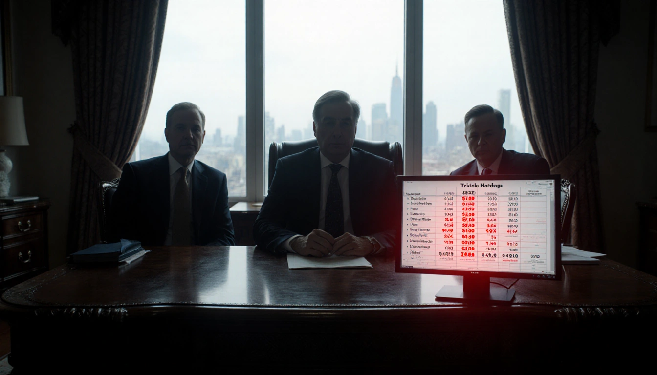 Founder of Tricolor Holdings sits at desk with red glow ledger on screen and blurred cityscape showing fraud reach