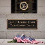 Sign bearing Trump‑Kennedy plaque displays faded Kennedy Center name with disheveled flags on ground