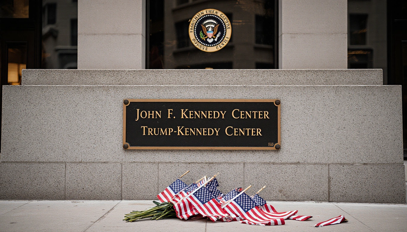 Sign bearing Trump‑Kennedy plaque displays faded Kennedy Center name with disheveled flags on ground