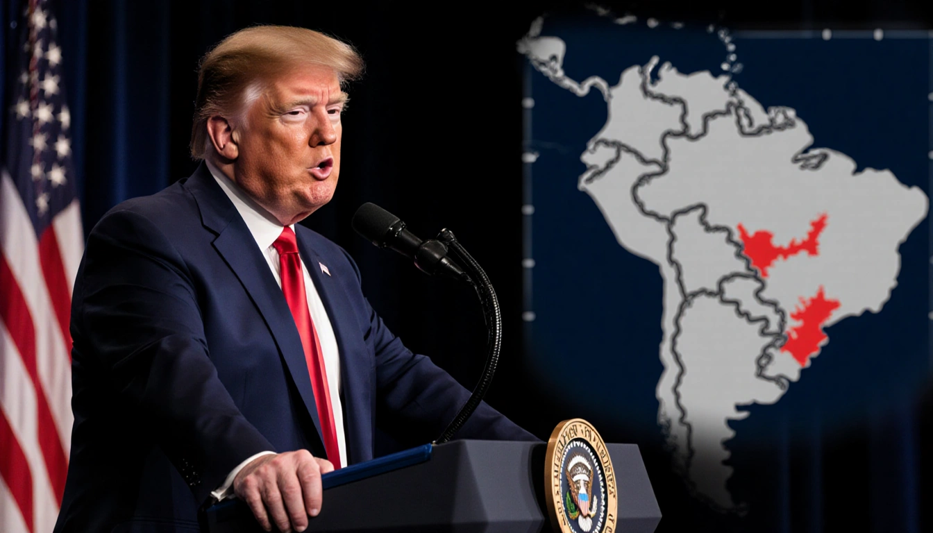 President Trump standing at podium holding microphone with confident pose and blurred map of Venezuela behind him