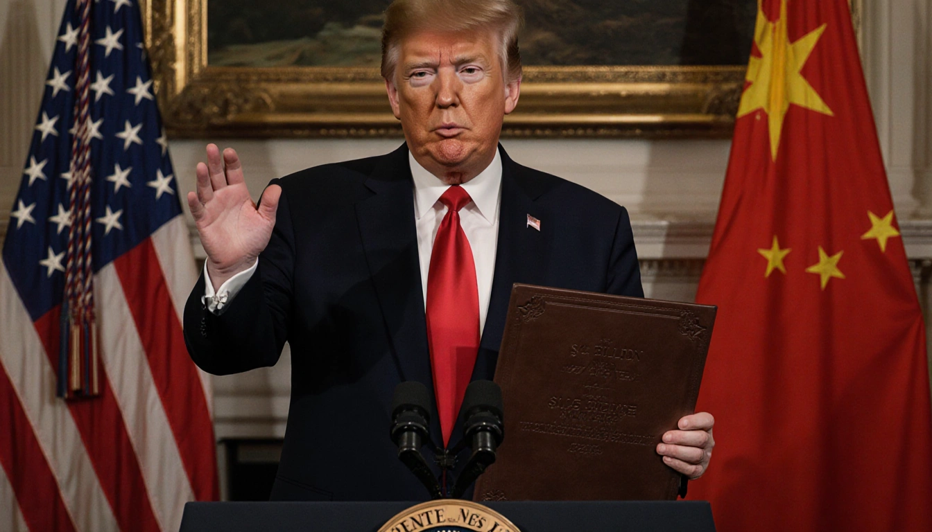 Trump stands at podium holding leather‑bound arms package with U.S. flag and Taiwanese flag in background