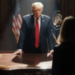 Donald Trump stands confidently before a BBC journalist in a courtroom with a spotlight and the American flag visible.