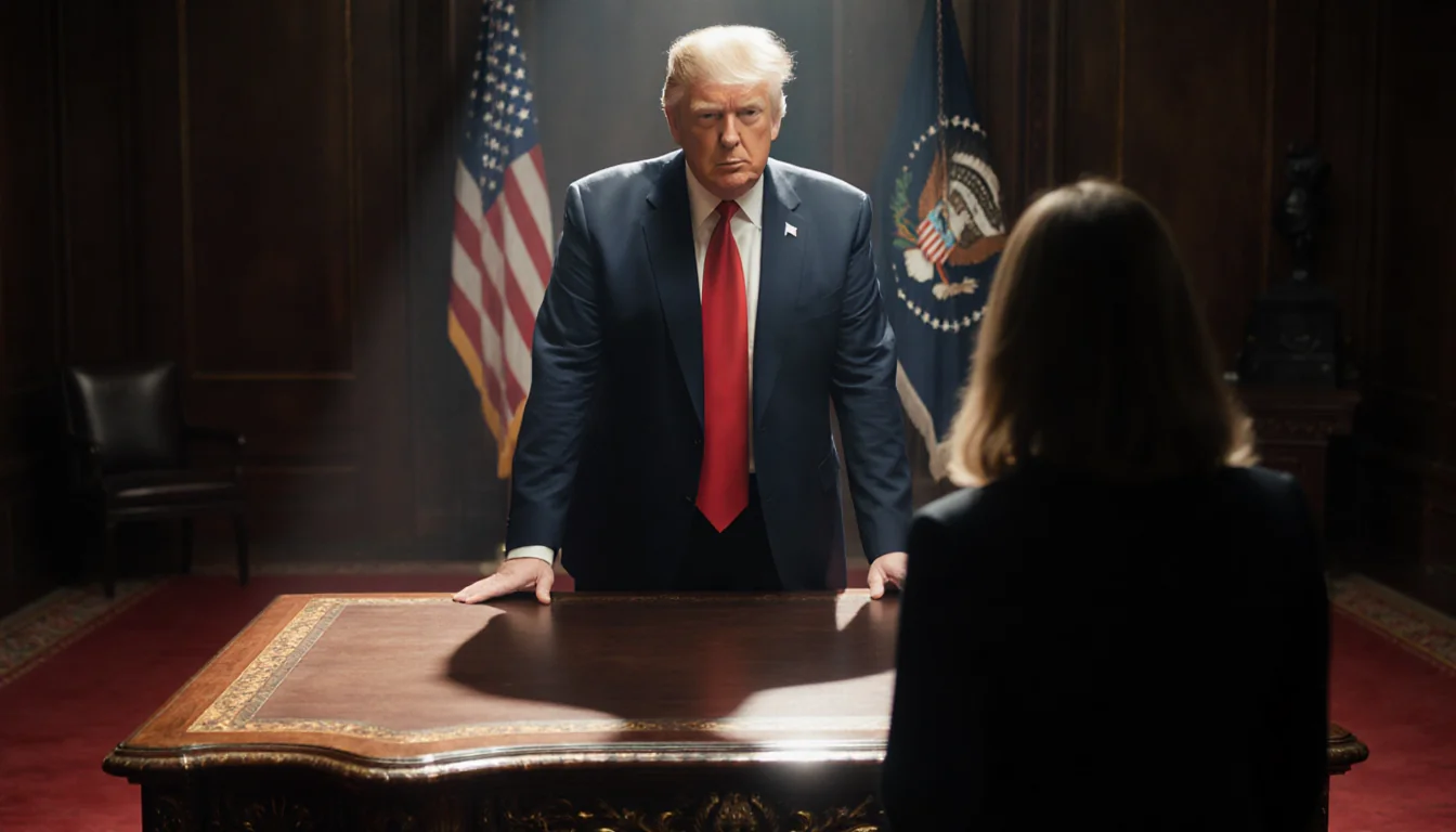 Donald Trump stands confidently before a BBC journalist in a courtroom with a spotlight and the American flag visible.