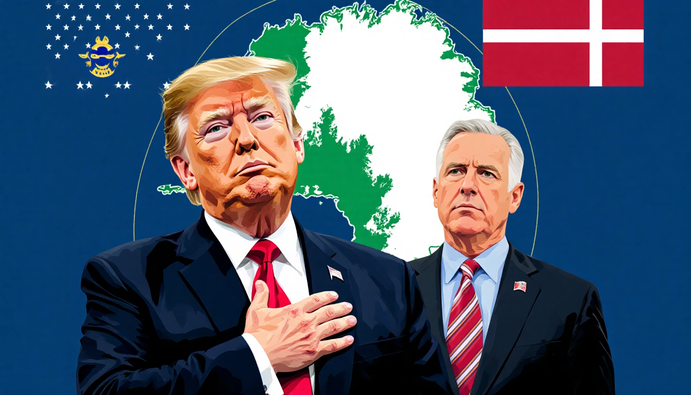 President Trump stands with hand on heart Landry beside him while a Greenland map Denmark flag shows US Greenland relations.