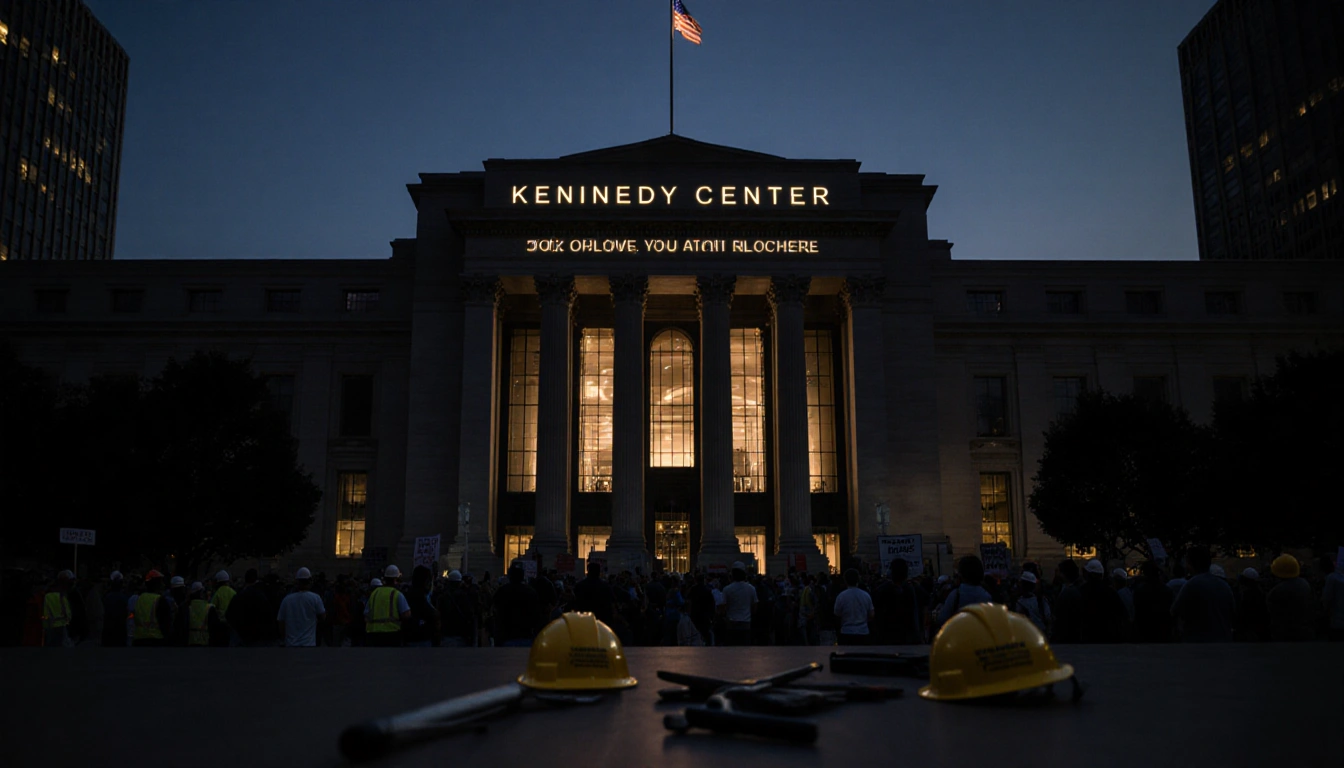 Kennedy Center façade glows with new Trump name installation under dark Washington D.C. sky and workers and blurred protester